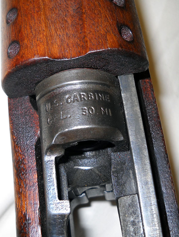 detail, M1 carbine action, top view, open, with chamber top marking: U.S. CARBINE CAL. 30 M1